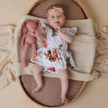 Baby wearing Rosebud Short Sleeve Organic Dress | Snuggle Hunny