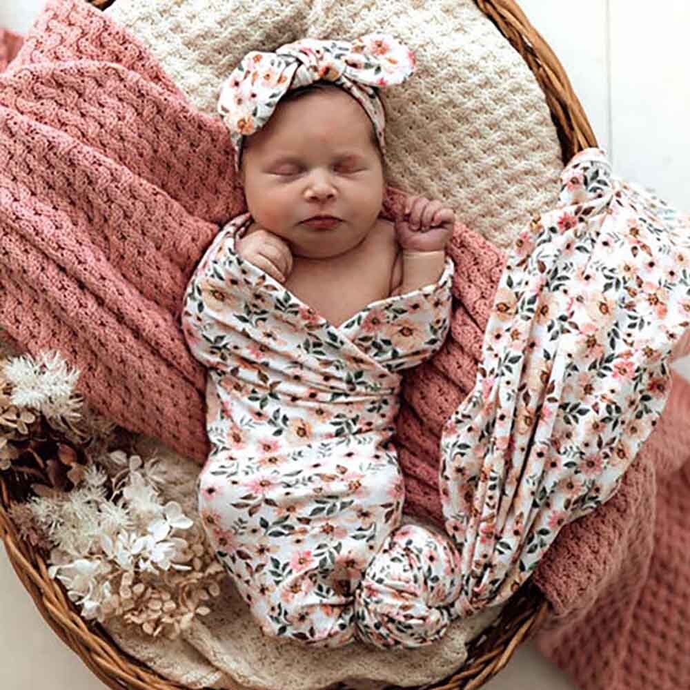 Spring Floral Organic Jersey Wrap & Topknot Set - View 1