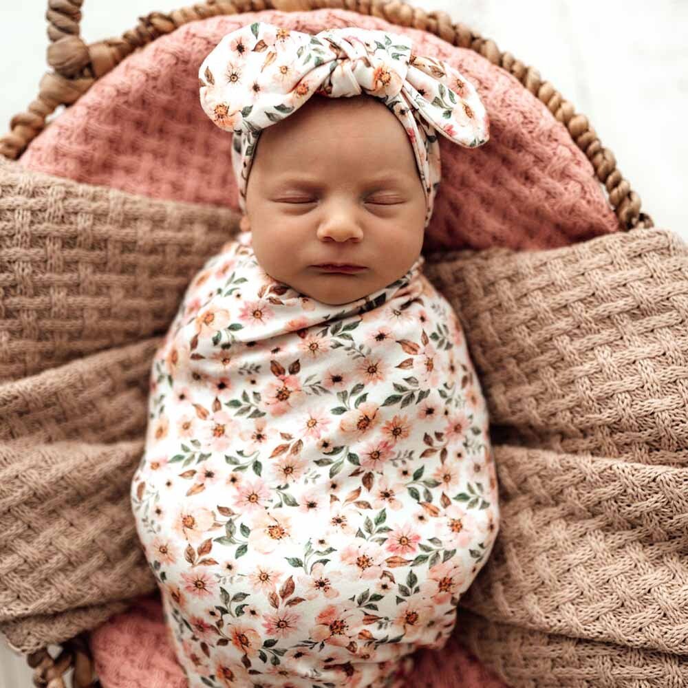 Spring Floral Organic Baby Swaddle & Topknot Set Snuggle Hunny