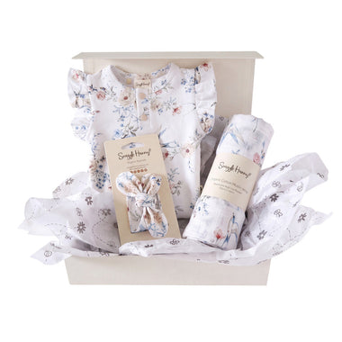 Snuggle Hunny Classic Sweet Swallows gift hamper in a cream gift box with organic frill bodysuit, topknot and print muslin wrap