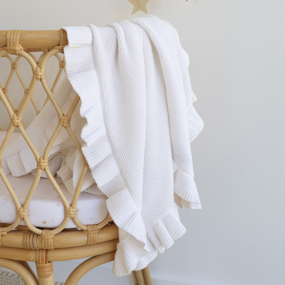 White Ruffle Knit Organic Baby Blanket - View 4